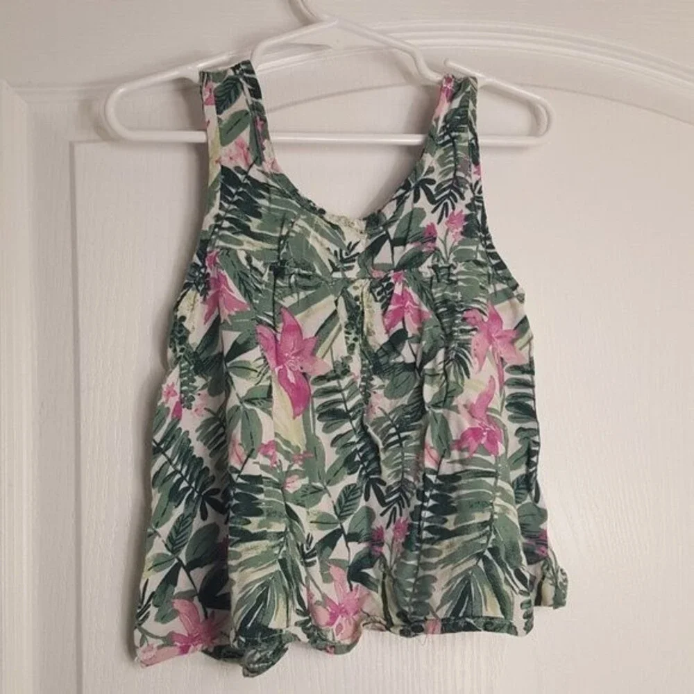 Old Navy Tropical Green Floral Pink Tank Top Loose Fit